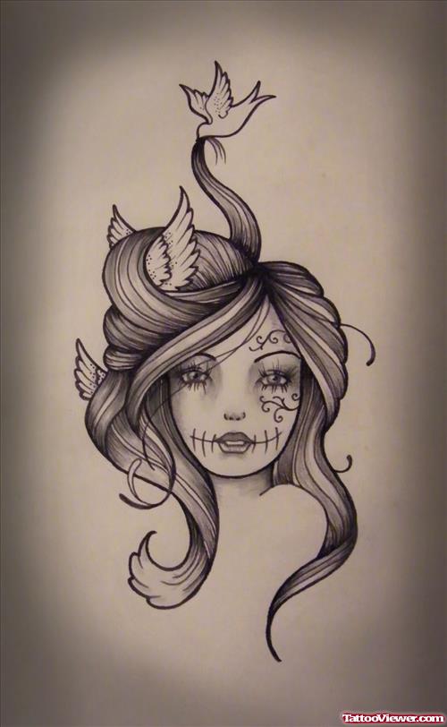 Awesome Grey Ink Gypsy Girl Head Tattoo Design