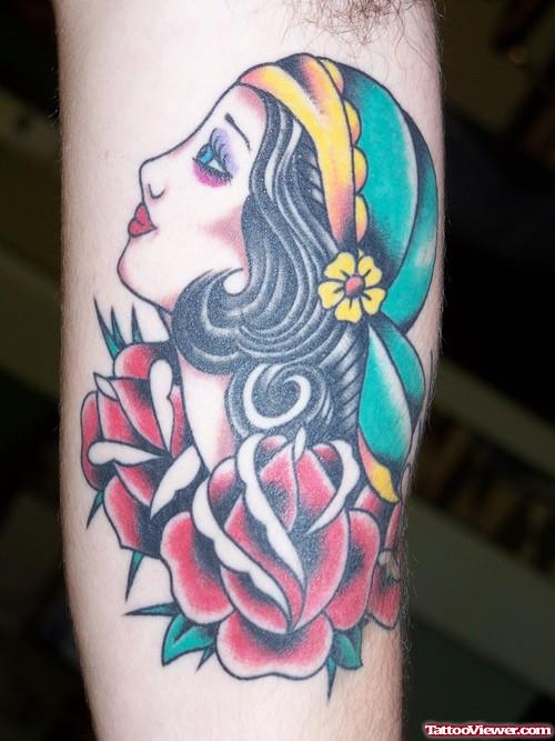 Red Rose Flowers Gypsy Tattoo On Bicep