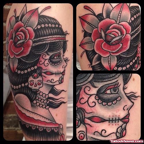 Red Flower And Gypsy Skull Tattoo