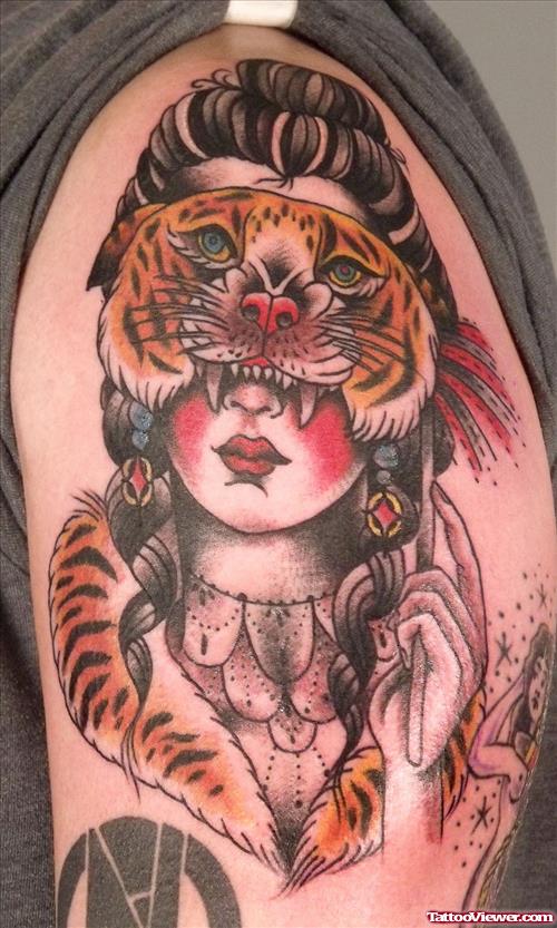 Gypsy With Tiger Head Tattoo On Shoulder