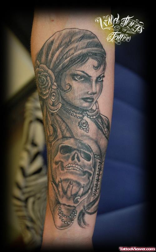Grey Ink Gypsy Tattoo On Right Sleeve