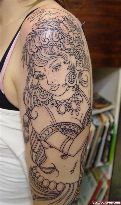 Grey Ink Gypsy Girl Tattoo On Left Sleeve