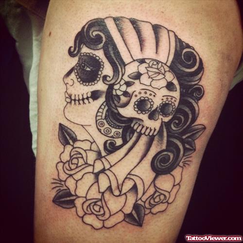 Flowers Skull And Gypsy Tattoo On Half Sleeve