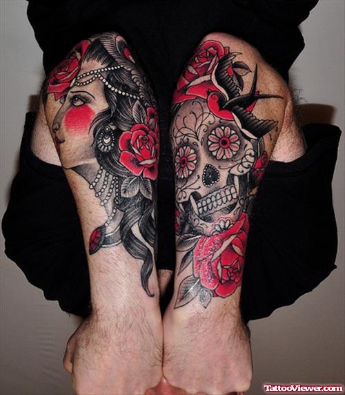 Flowers And skull and Gypsy Tattoos On Both Sleeves