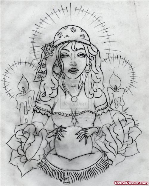Flowers And Gypsy With Burning Candles Tattoo Design
