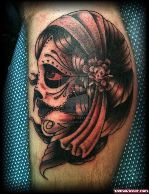 Dark Ink Gypsy Head Tattoo On Leg