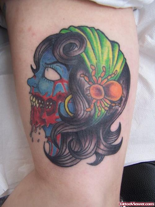 Colored Zombie Gypsy Tattoo On Inner Bicep