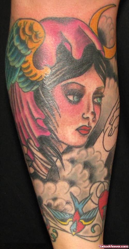 Colored Winged Gypsy Tattoo On Sleeve