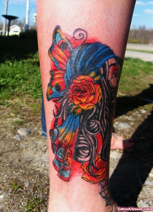 Colored Gypsy Tattoo On Leg