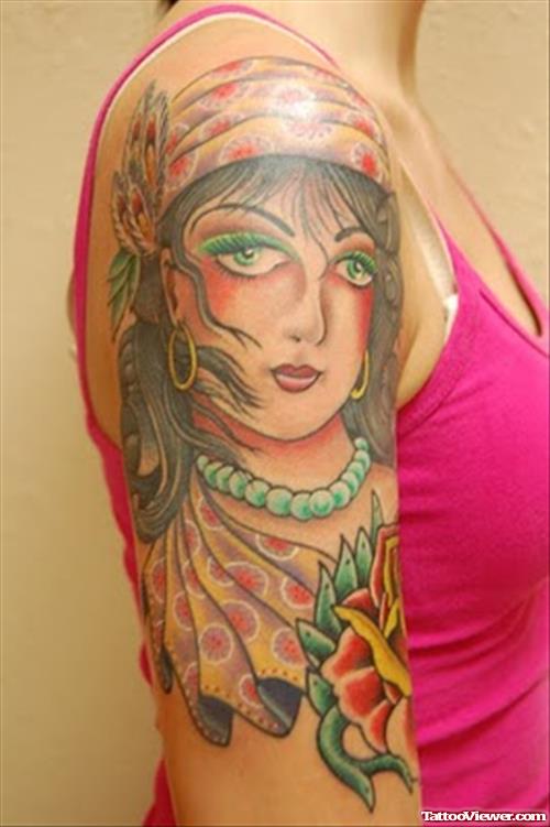 Colored Gypsy Tattoo On Girl Right Half Sleeve