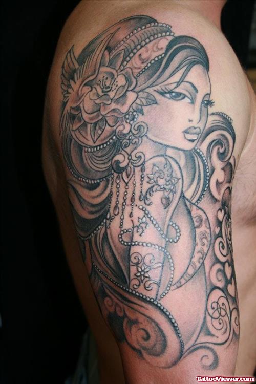 Amazing Grey Ink Gypsy Tattoo On Right Half Sleeve