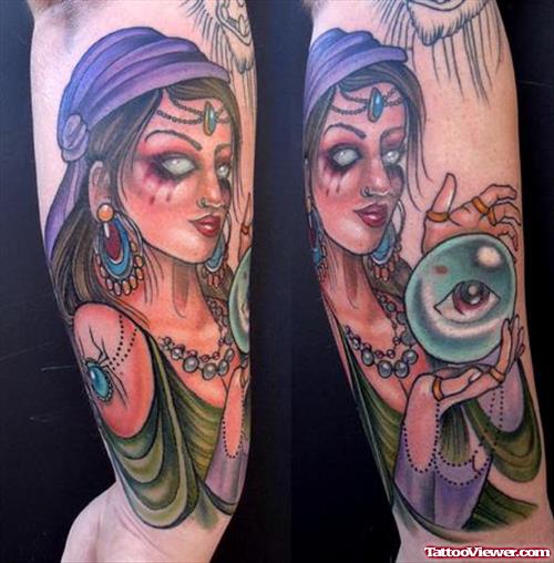 Amazing Colored Gypsy Tattoo On Sleeve