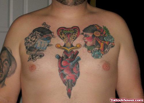 Snake Dagger Heart And Gypsy Tattoo On Man chest
