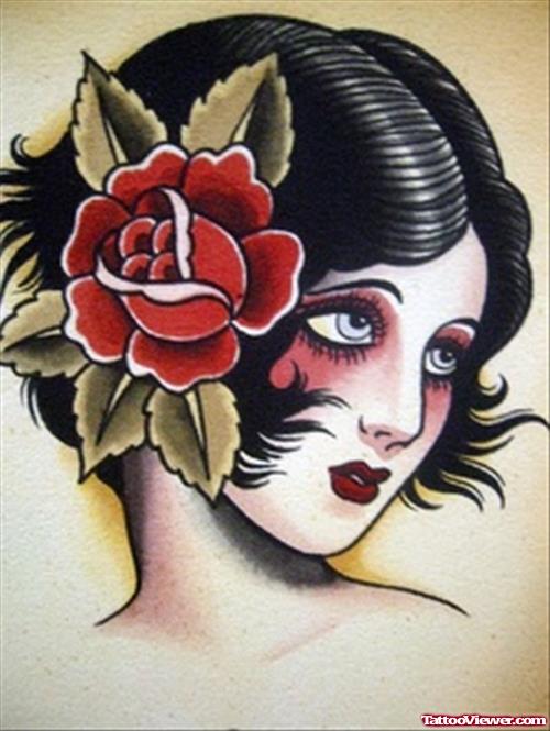 Red Rose On Gypsy Head Tattoo Design