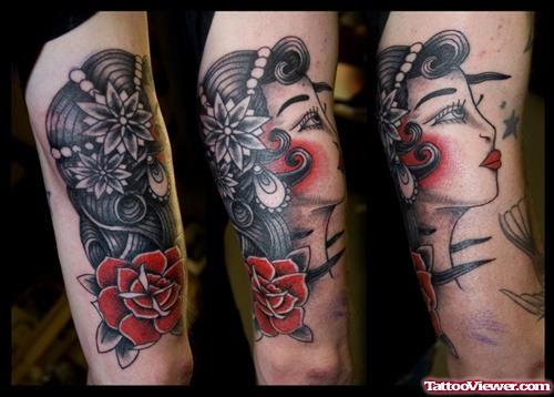 Red Rose Flower And Gypsy Tattoo
