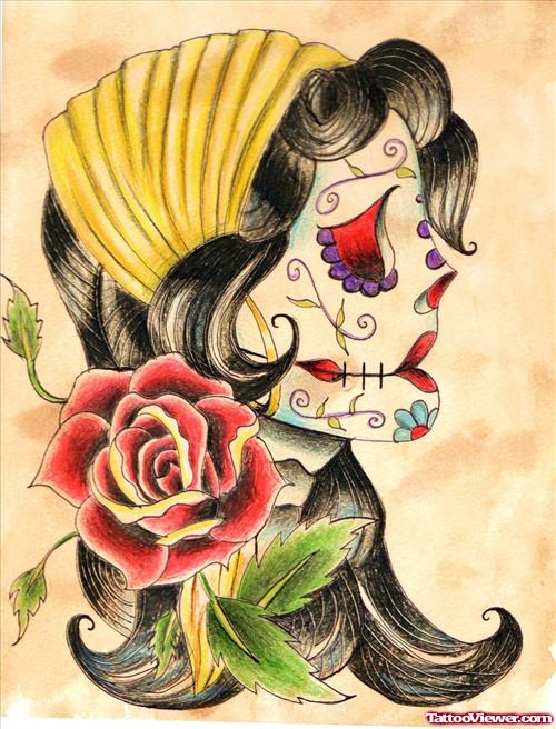 Red Rose Flower and Gypsy Head Tattoo Design