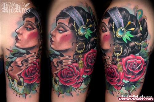 Red Rose And Gypsy Tattoo On Half Sleeve