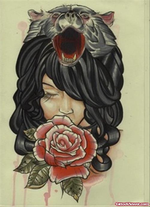 Red Flower And Wolf Gypsy Tattoo