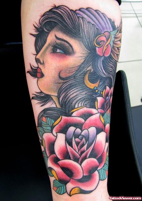 Red Flower And Gypsy Tattoo On Arm
