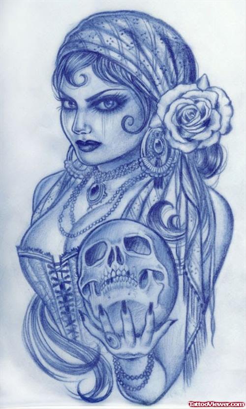 Gypsy Girl With Skull In Hand Tattoo Design
