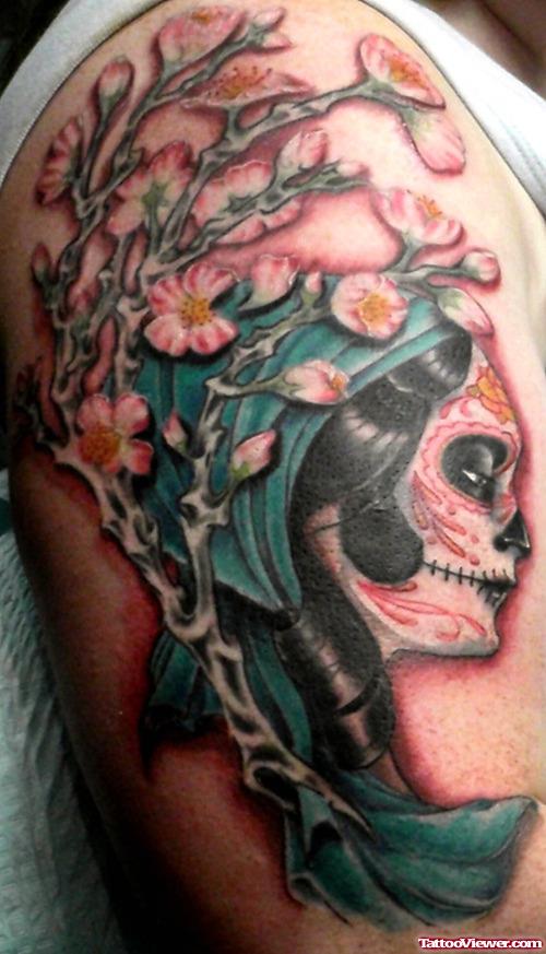 Flowers And Gypsy Tattoo On Right Sleeve