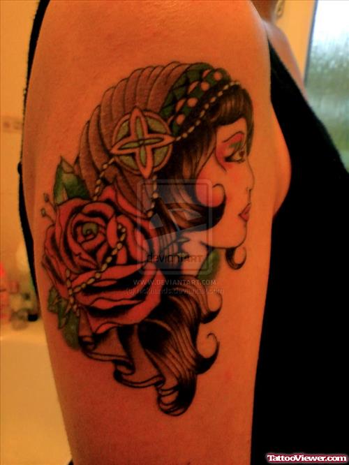 Flower And Gypsy Head Tattoo On Right Half Sleeve