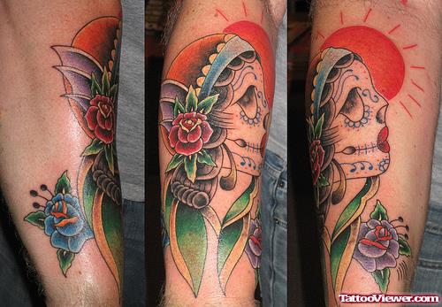 Colored Sun And Gypsy Head Tattoo
