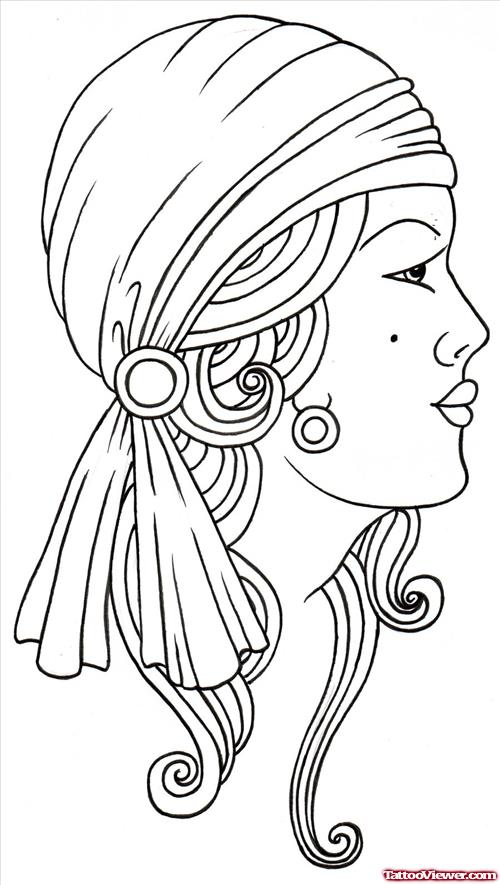 Awesome Outline Gypsy Head Tattoo Design