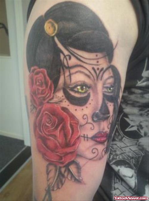 Amazing Red Rose Flowers And Gypsy Head Tattoo