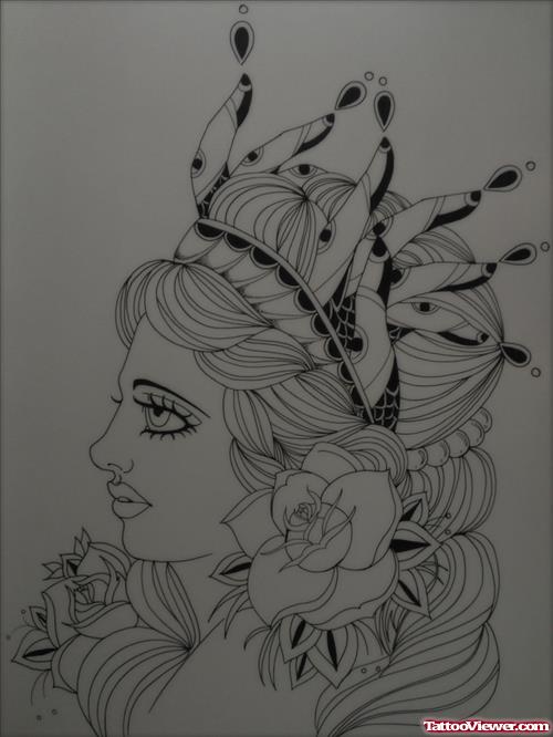 Amazing Grey Ink Flower And Gypsy Head Tattoo Design