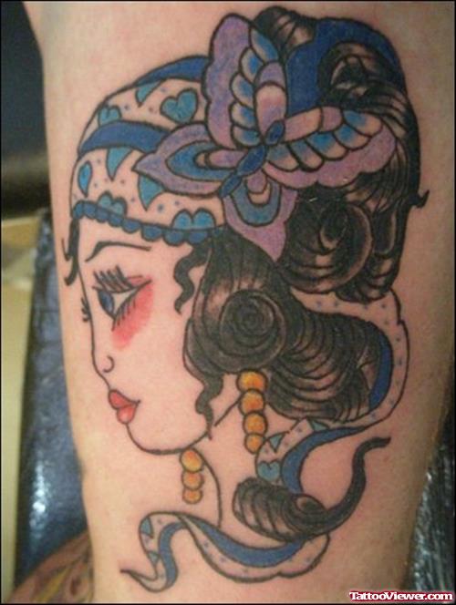 Amazing Blue Ink Gypsy Tattoo On Sleeve