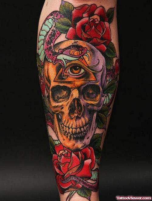 Red Rose Flowers And Skull Gypsy Tattoo On Sleeve