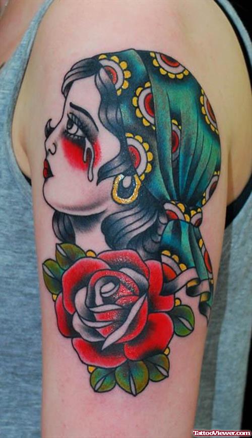 Red Rose Flower and Gypsy Tattoo On Half Sleeve