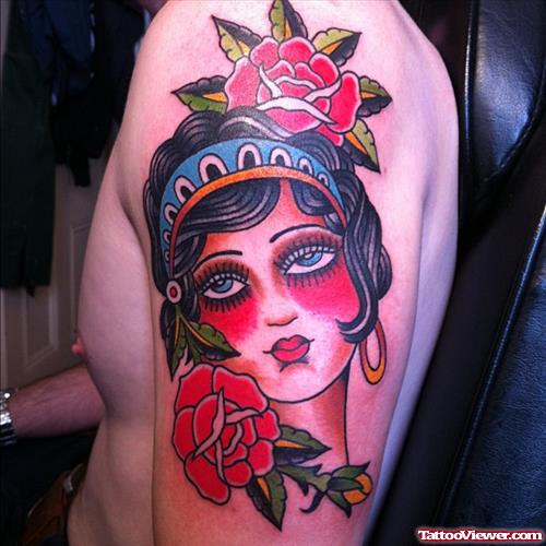 Red Flowers And Gypsy Tattoo On Left Half Sleeve