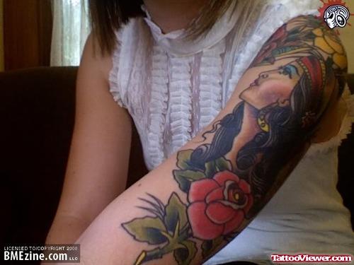 Red Flower And Gypsy Tattoo On Sleeve