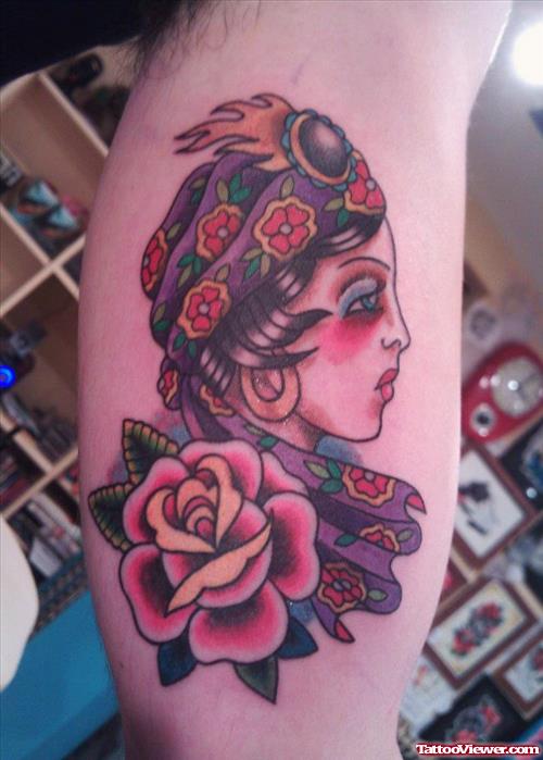 Red FLower And Gypsy Head Tattoo