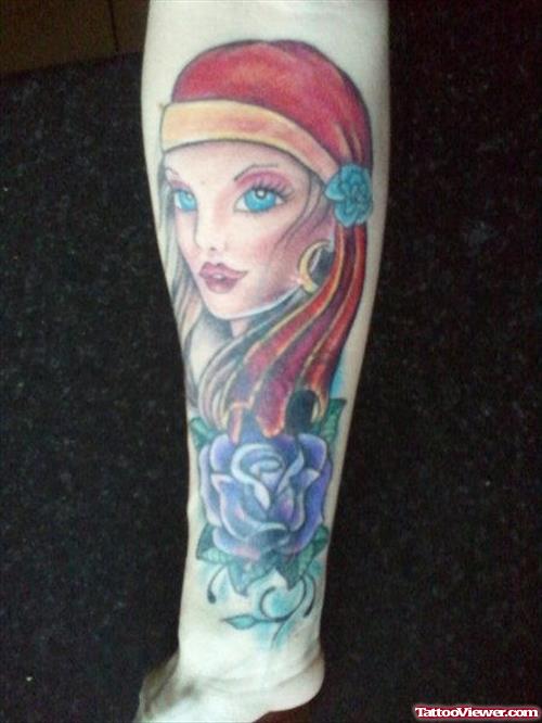 Purple Rose And Gypsy Tattoo On Leg