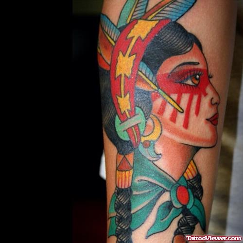 Colored Traditional Gypsy Tattoo On Sleeve