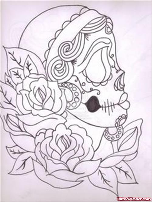 Outline Rose Flowers And Gypsy Head Tattoo Design