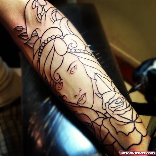 Outline Gypsy and Flowers Tattoo