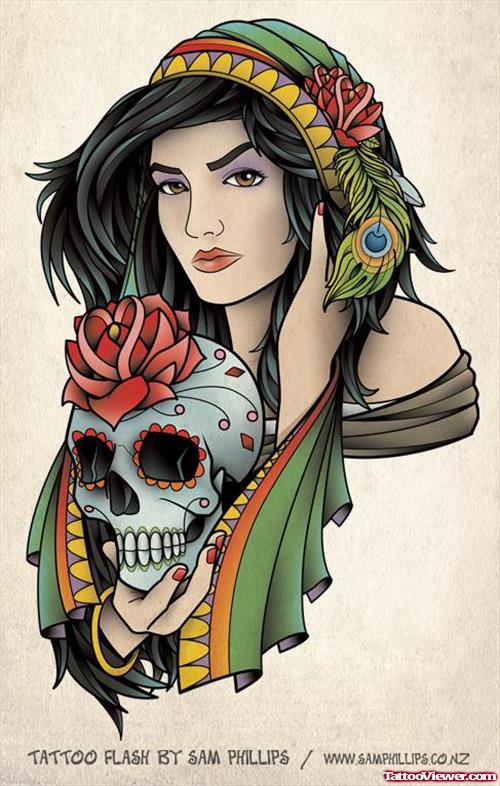 Gypsy With skull On Hand Tattoo