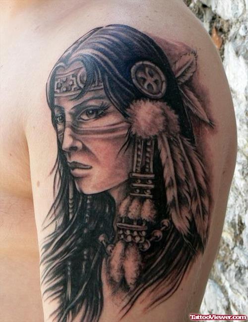 Grey Ink Native American Gypsy Tattoo On Half Sleeve