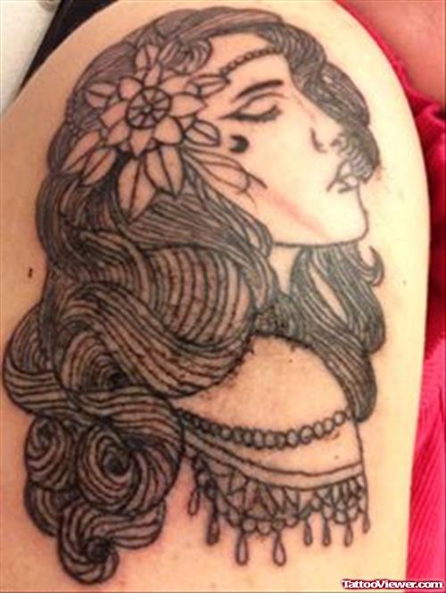 Grey Ink Gypsy Tattoo On Right Shoulder