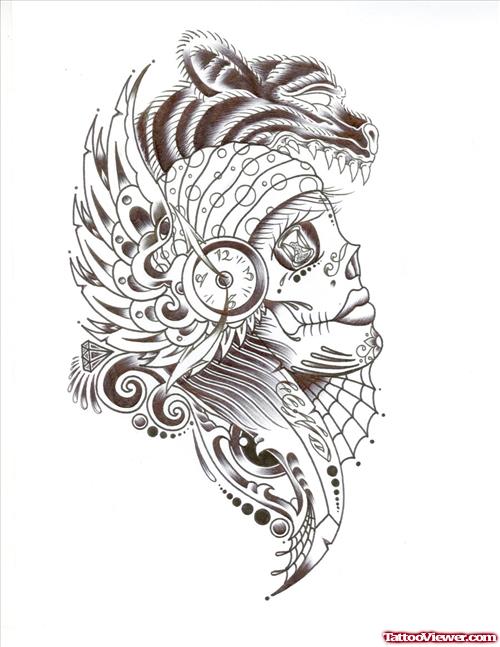 Grey Ink Gypsy Skull Tattoo Design