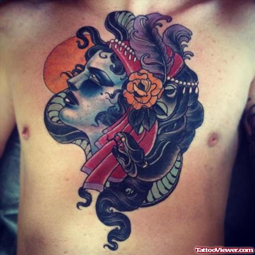 Colored Gypsy Tattoo On Man Chest