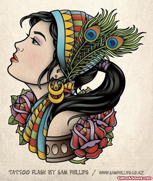 Colored Gypsy Tattoo Design For Girls