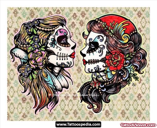 Colored Gypsy Skulls Tattoos Designs