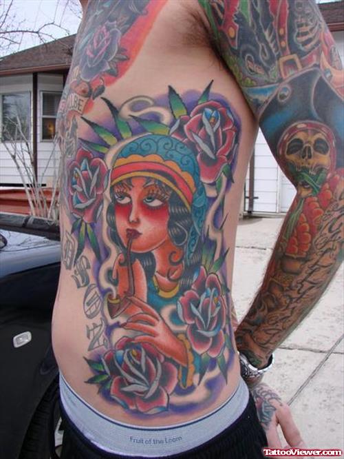 Color Flowers And Gypsy Tattoo On Left Side Rib