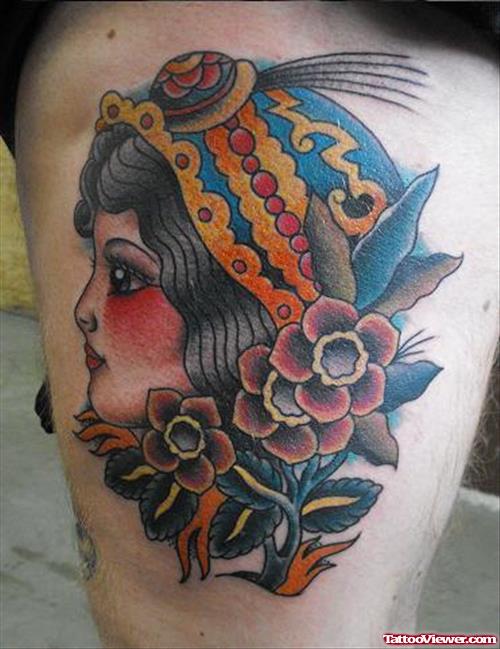 Color Flowers and Gypsy Head Tattoo On Left Thigh
