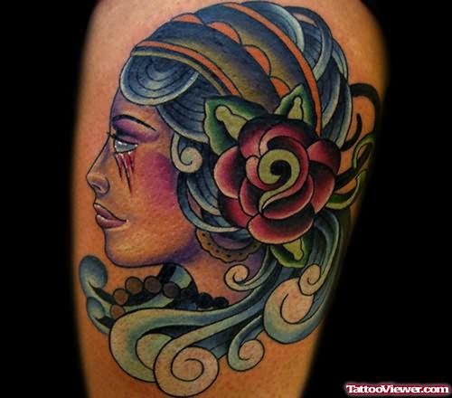 Color Flower And Gypsy Head Tattoo